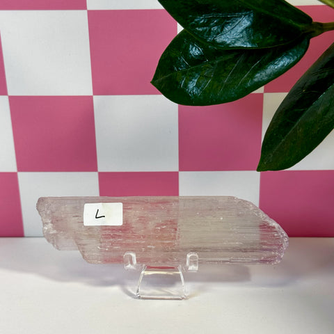 Vibrant pink kunzite crystal on a clear stand, with a pink and white checkered background.