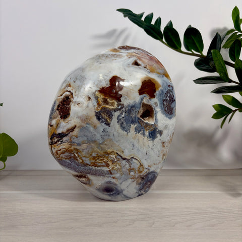 XL sea jasper free form stone with polished white, grey, and brown swirling patterns and natural crystal vugs.