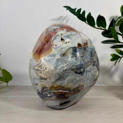 XL sea jasper free form stone with polished grey, white, and reddish-brown swirling patterns and natural crystal vugs.