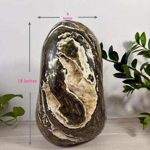 XXXL sea jasper free form crystal sculpture, 15 inches tall, featuring dark green, brown, and cream crystalline textures.