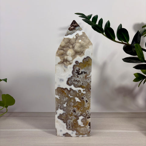 XXXL Sea Jasper tower with imperfect natural patterns in shades of beige, white, and brown on a wooden surface.