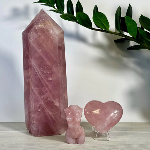 Kenna's Hand-Picked Bundles: Pink rose quartz crystal tower, torso, and heart on white.