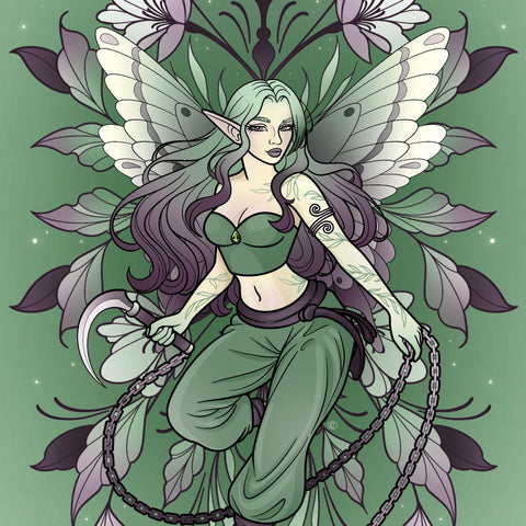 Mystical green-skinned fairy with long purple hair, butterfly wings, and a chained sickle, against a floral backdrop.
