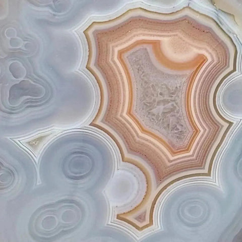 Close-up of a polished agate slice, revealing intricate white, gray, and warm orange-brown concentric bands.