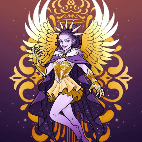 Regal winged goddess in gold and purple, embodying fierce Leo energy with a crown and sharp claws.