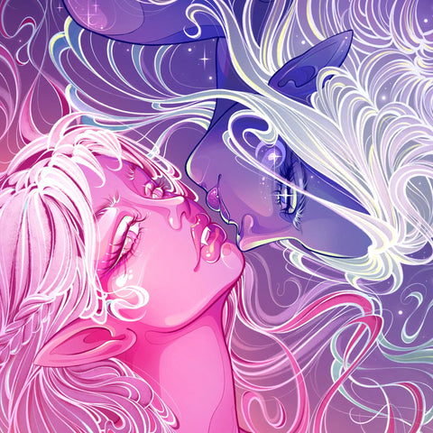 Two ethereal figures, one pink and one purple, with flowing hair, almost kissing. Tarot collection.