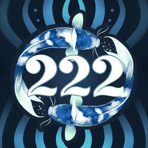 Blue koi fish encircle the white "222" angel number, set against a mystical dark blue background.