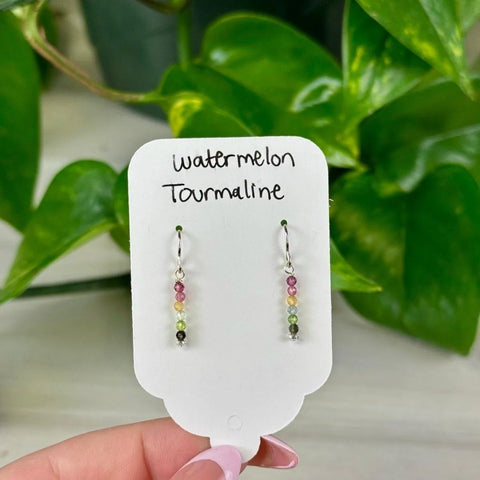 Dainty watermelon tourmaline dangle earrings with colorful beads, perfect for the October collection.