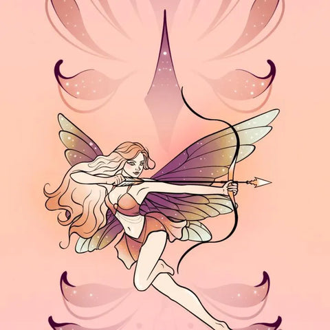 A magical fairy archer with flowing hair and iridescent wings, embodying Sagittarius energy.