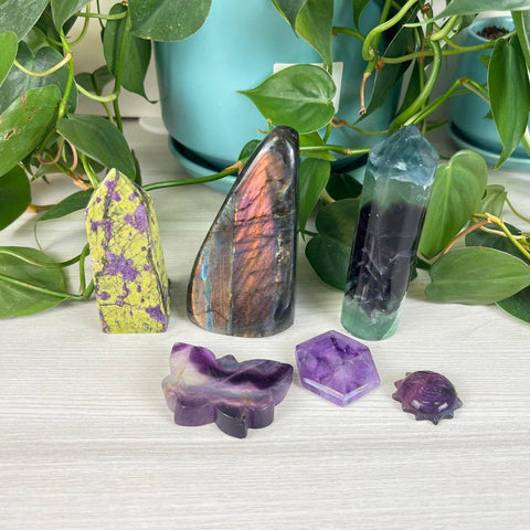 Vibrant crystal bundles featuring purple, green, and iridescent stones, with plant accents.