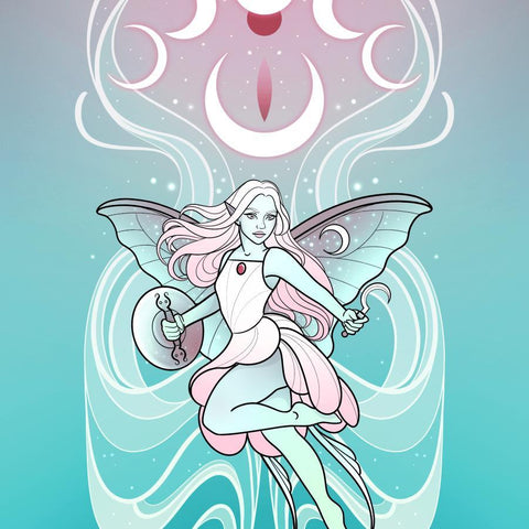 Fantasy fairy with pink hair and wings, holding crescent moon tools, against a blue and pink cosmic background with moon phases.