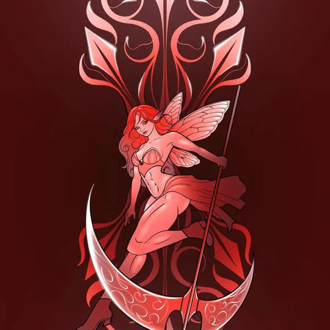 Fiery red fairy with wings and a scythe, embodying bold Aries energy against a dark, ornate background.