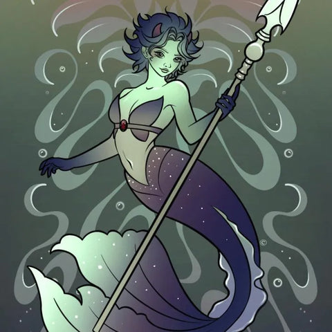 Mystical mermaid with teal skin, dark blue hair, and a shimmering purple tail holding a spear, embodying Capricorn energy.