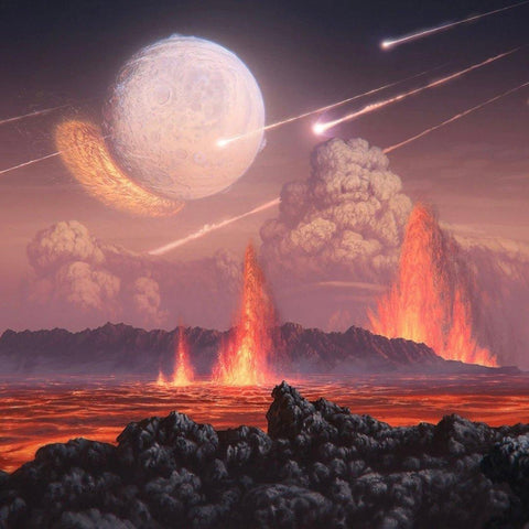 Fiery Hadean Eon landscape with erupting volcanoes, molten lava, meteor showers, and a large moon.