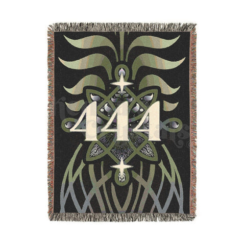 Mystical black tapestry with "444" in cream, surrounded by green cosmic and celestial designs.