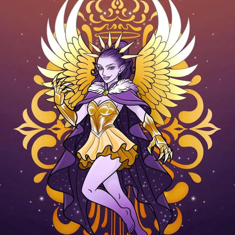 Regal winged goddess in gold and purple, embodying fierce Leo energy with a crown and sharp claws.