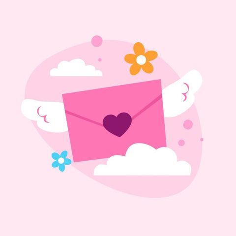 Pink envelope with a purple heart and white wings, surrounded by clouds and colorful flowers on a light pink background.