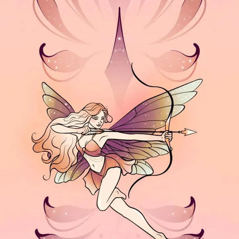 A magical fairy archer with flowing hair and iridescent wings, embodying Sagittarius energy.