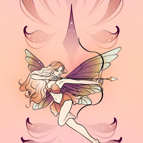Pink-toned Sagittarius fairy with flowing hair, butterfly wings, and a bow and arrow, amidst sparkling floral patterns.