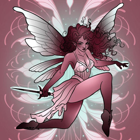 Mysterious fairy with flowing red hair, delicate wings, and a dagger, set against a dark pink, ornate background.