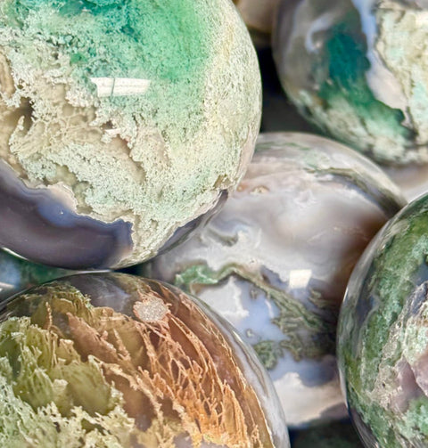 Scenic Moss Agate Spheres with green, beige and brown inclusions from Kenna's Crystals Official Website