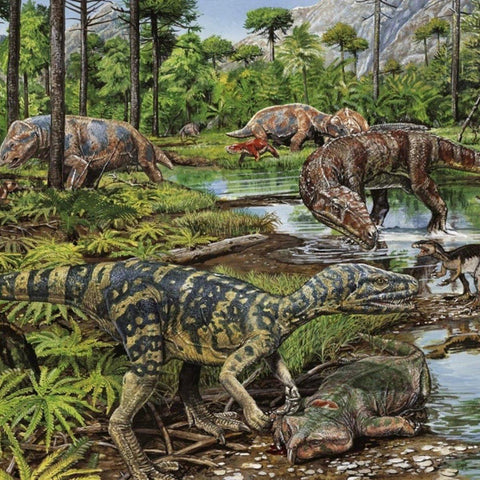 Lush Triassic landscape with diverse prehistoric animals, including dinosaurs and synapsids, near a watering hole.