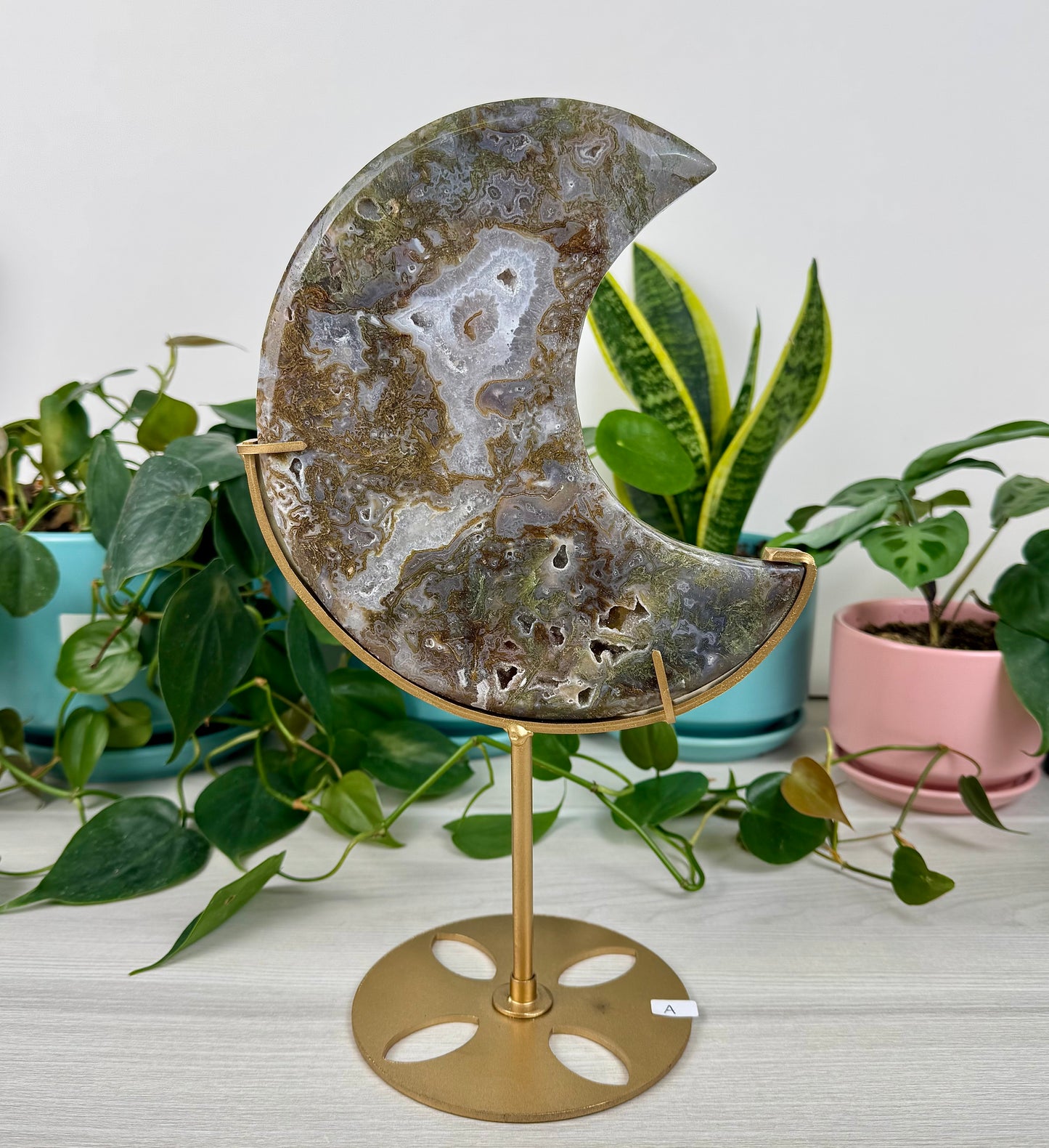Druzy Moss Agate Moon (W/ Stand)
