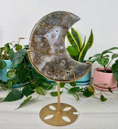Druzy Moss Agate Moon (W/ Stand)