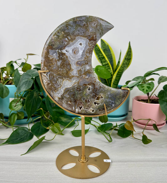 Druzy Moss Agate Moon (W/ Stand)