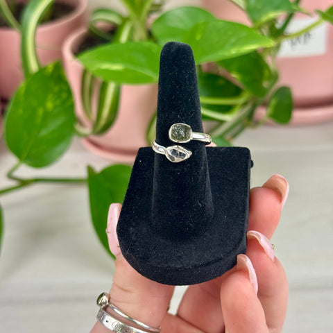 Sterling Silver Herkimer Diamond & Moldavite Adjustable Ring