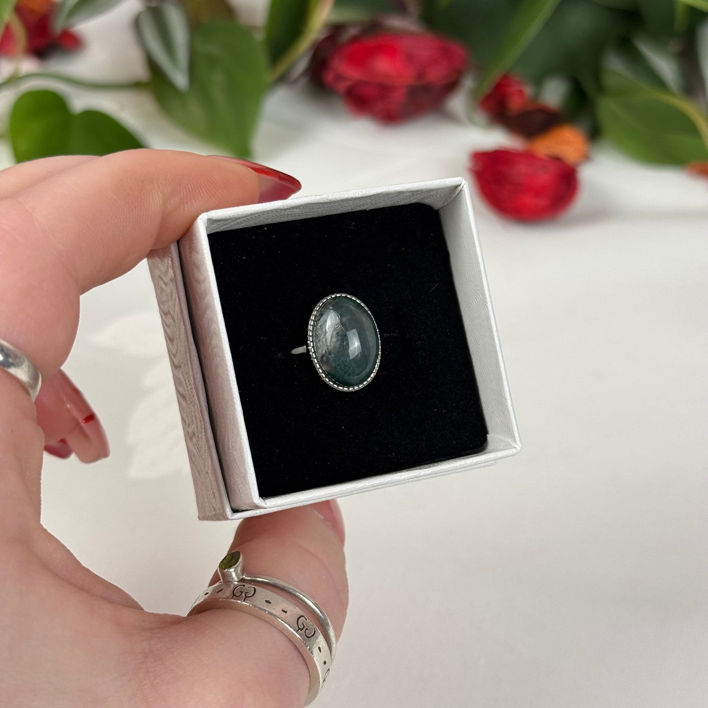 Adjustable Moss Agate Ring