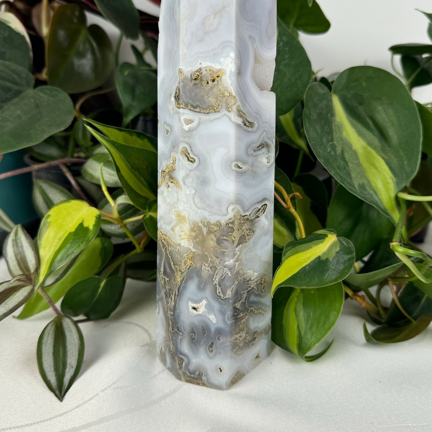 Snowy Moss Agate Tower