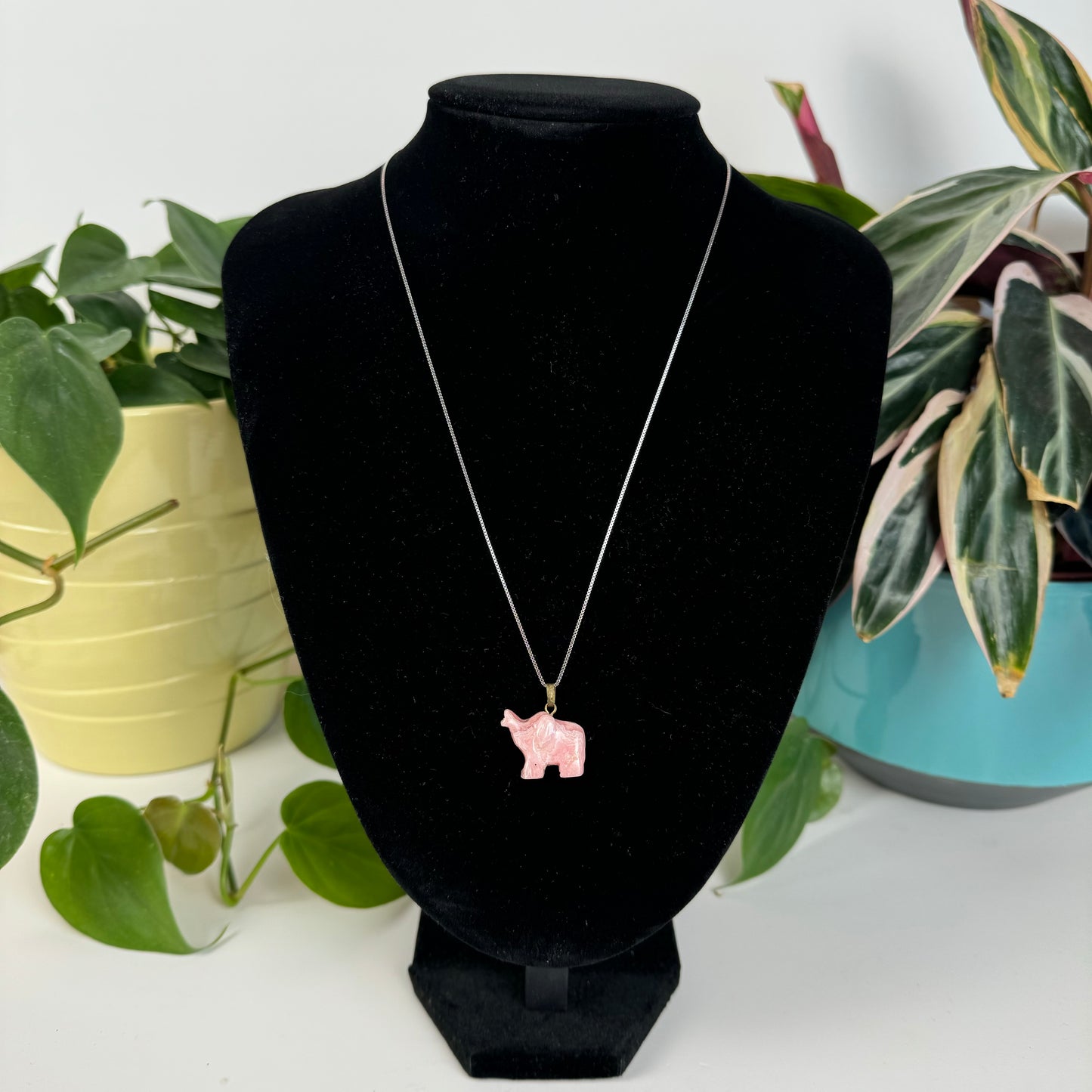 Rhodochrosite Elephant Pendant (w/ Sterling Silver Chain)