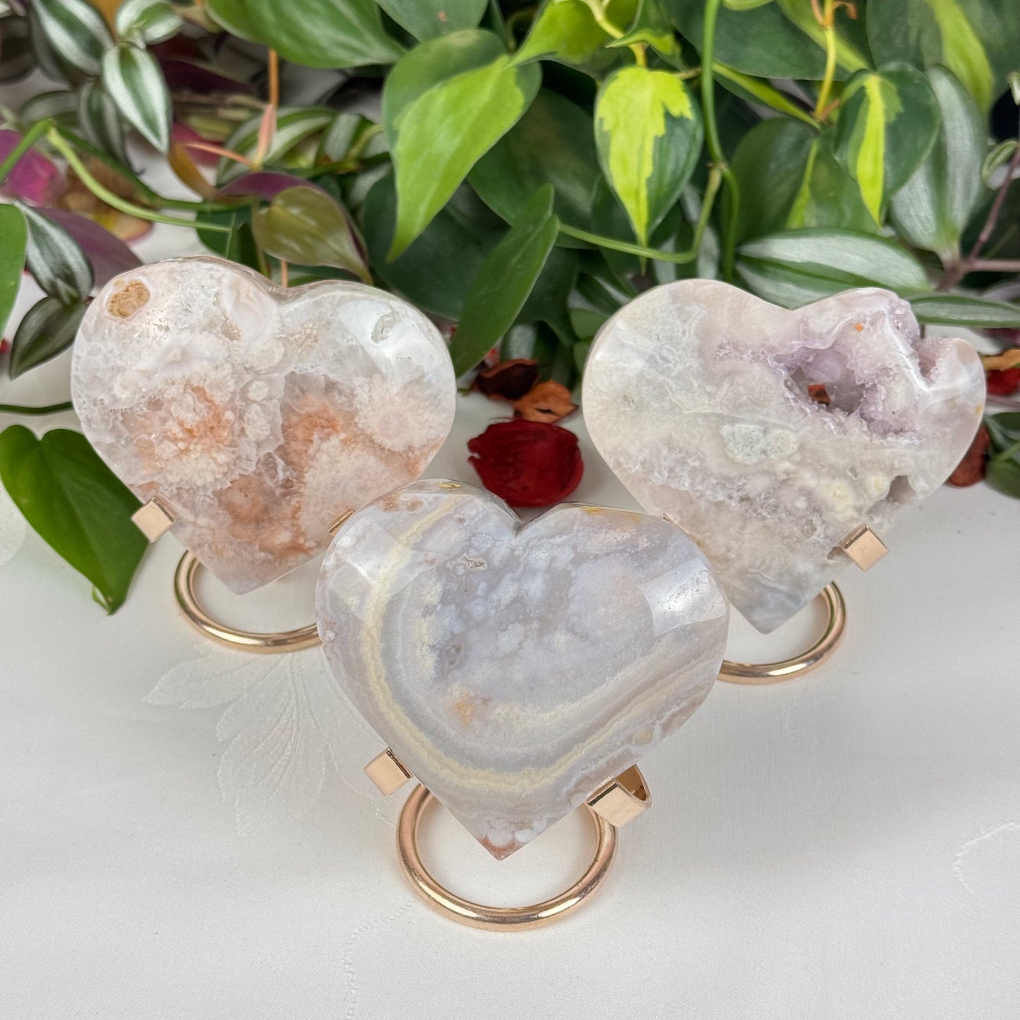 Pink Flower Agate Love Heart (W/ Stand)