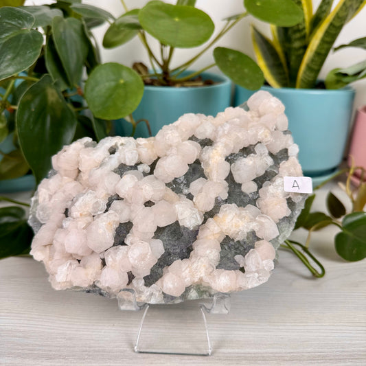 Pink Mangano Calcite and Pyrite on Green Fluorite