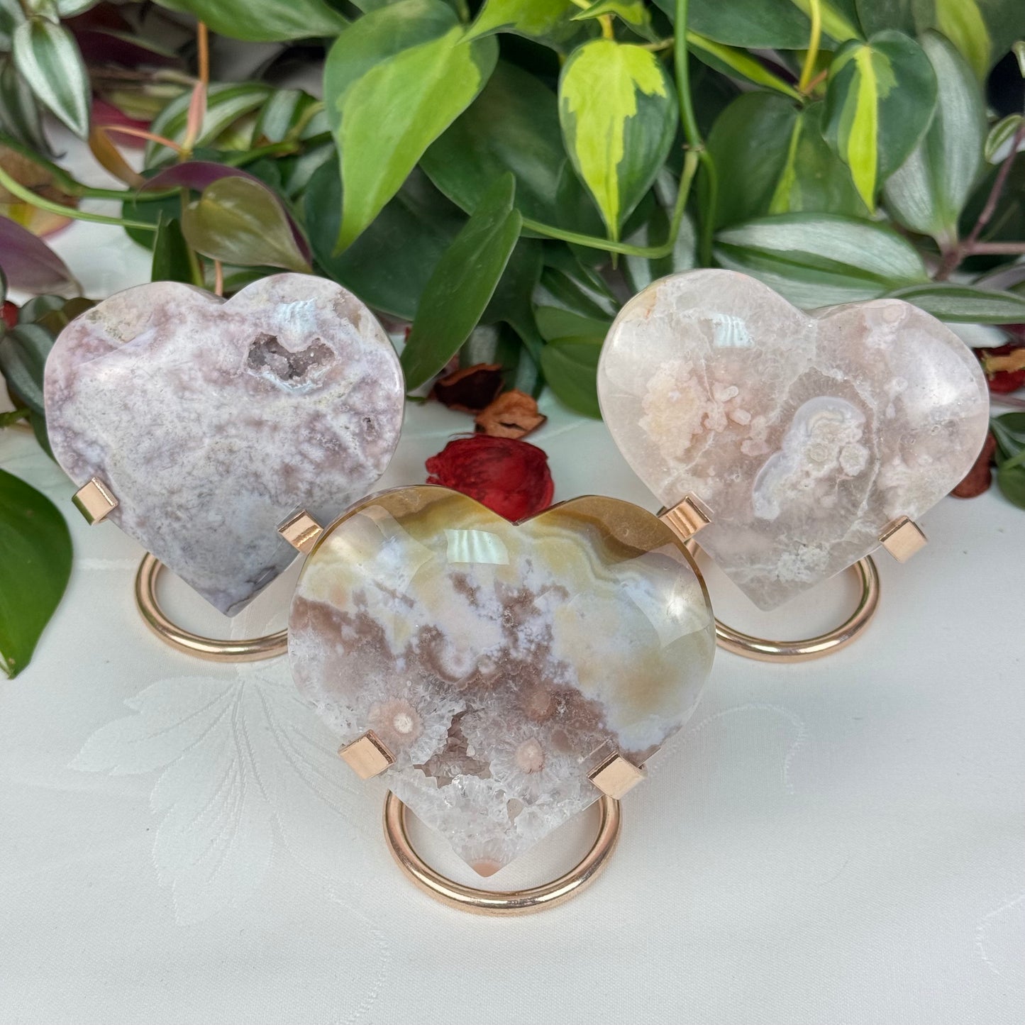 Pink Flower Agate Love Heart (W/ Stand)