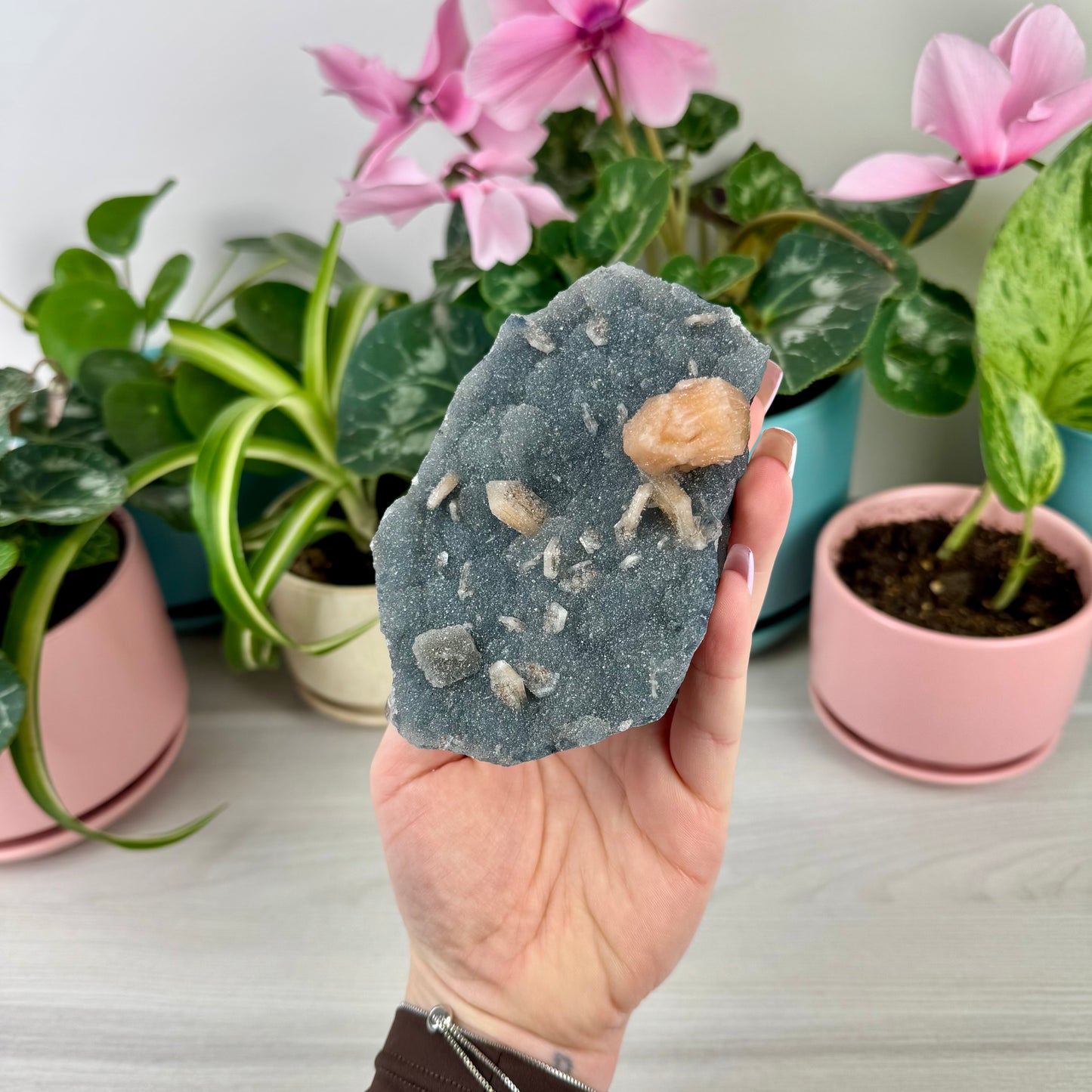 Orange Stilbite On Sparkling Blue Chalcedony