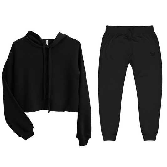 Black Crop Hoodie / Sweatpants Matching Set Embroidered Butterfly