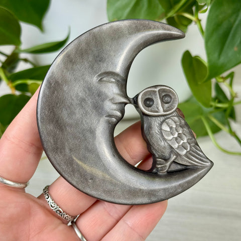 Silver Sheen Obsidian Owl & Moon