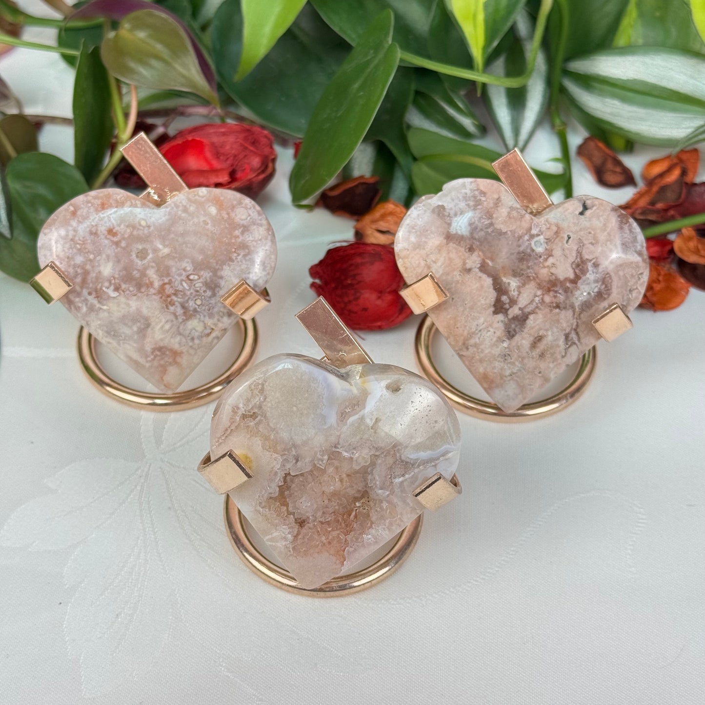 Pink Flower Agate Love Heart (W/ Stand)