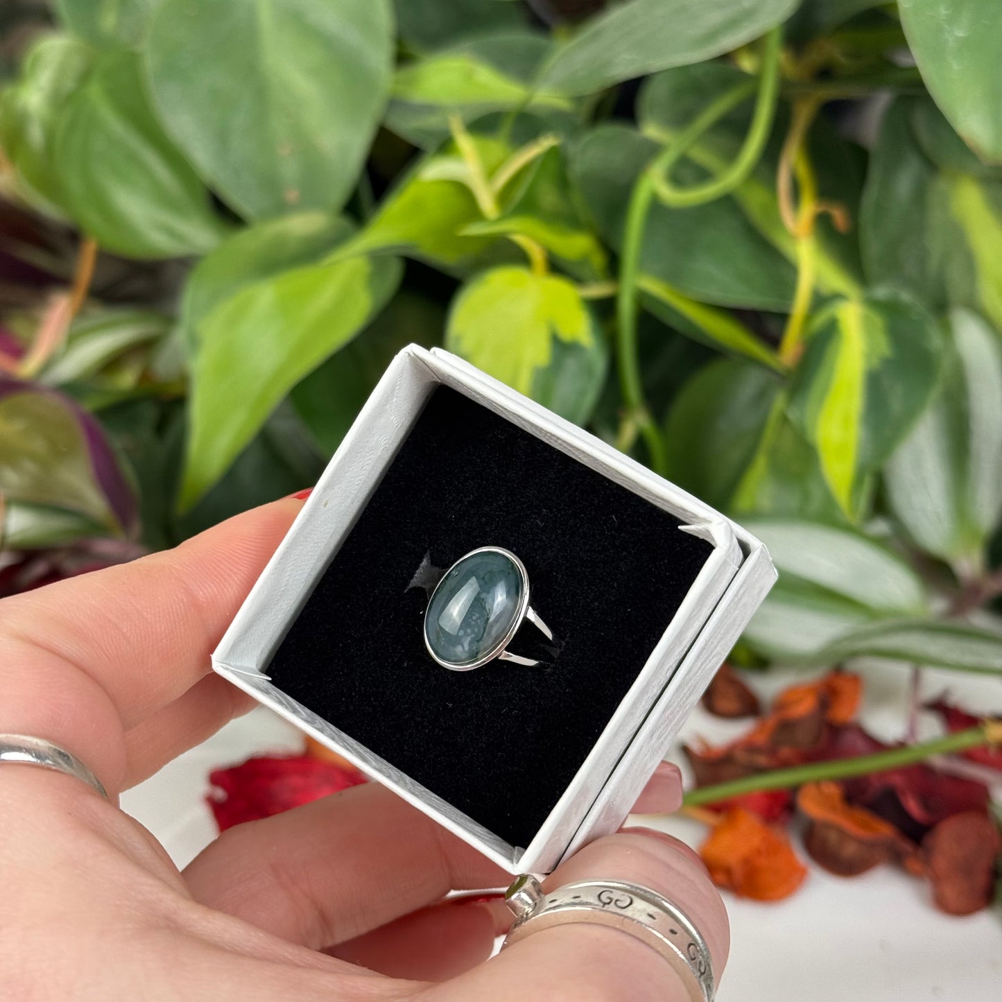 Adjustable Moss Agate Ring