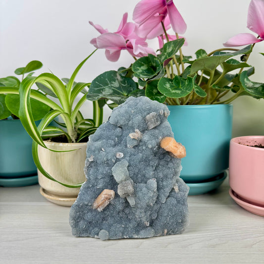 Orange Stilbite On Sparkling Blue Chalcedony