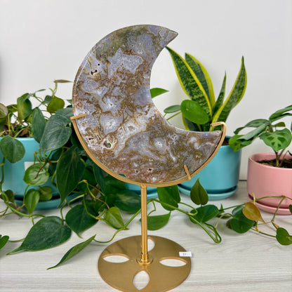 Druzy Moss Agate Moon (W/ Stand)