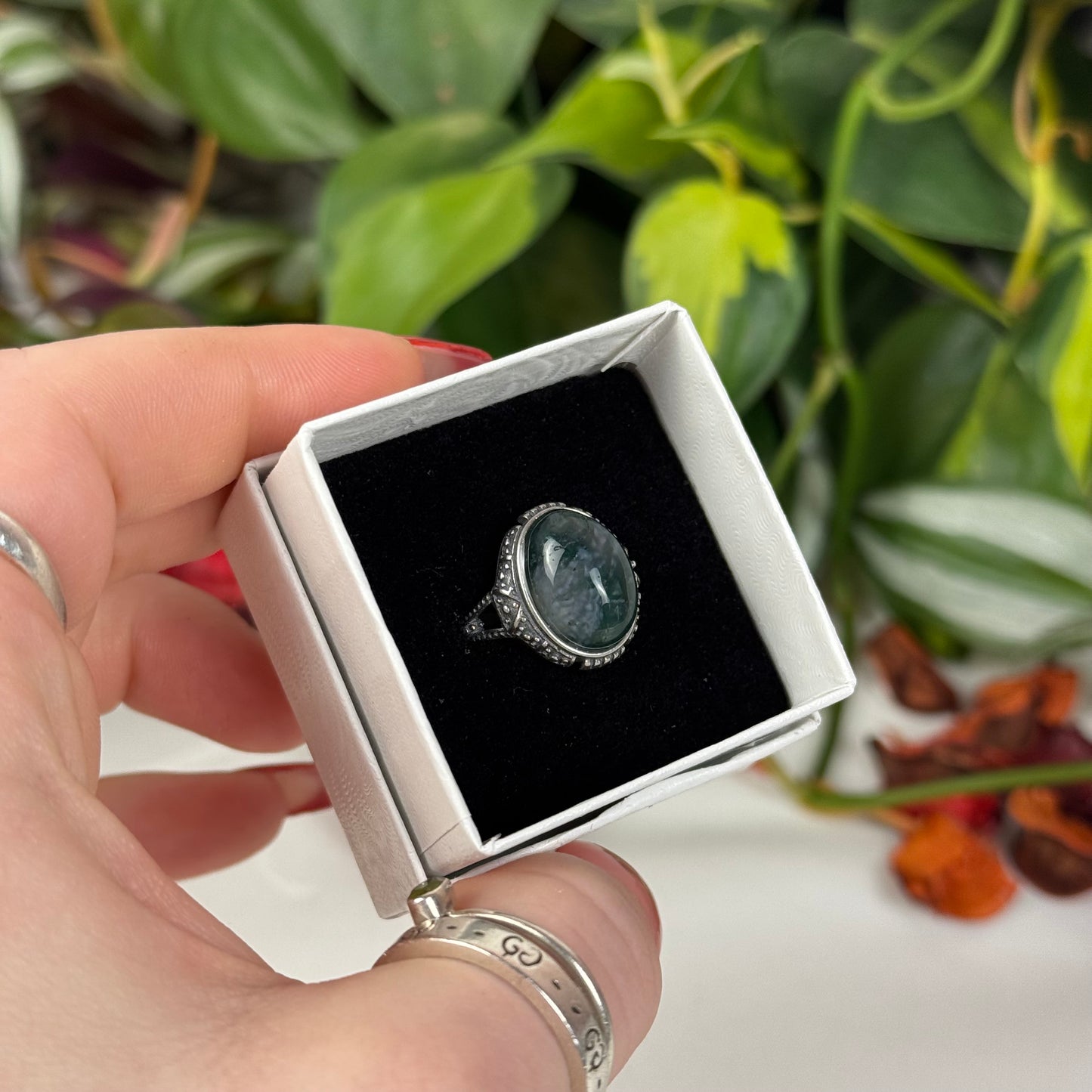 Adjustable Moss Agate Ring