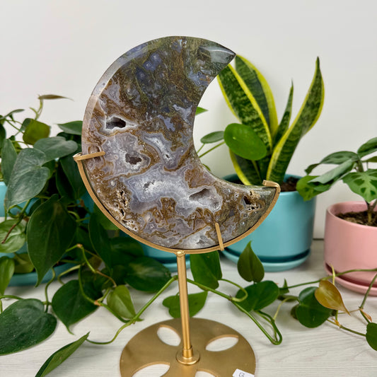 Druzy Moss Agate Moon (W/ Stand)