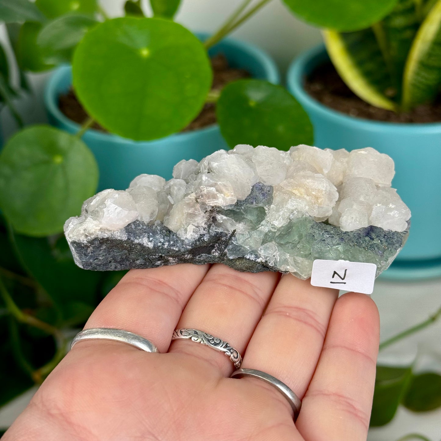 Pink Mangano Calcite and Pyrite on Green Fluorite