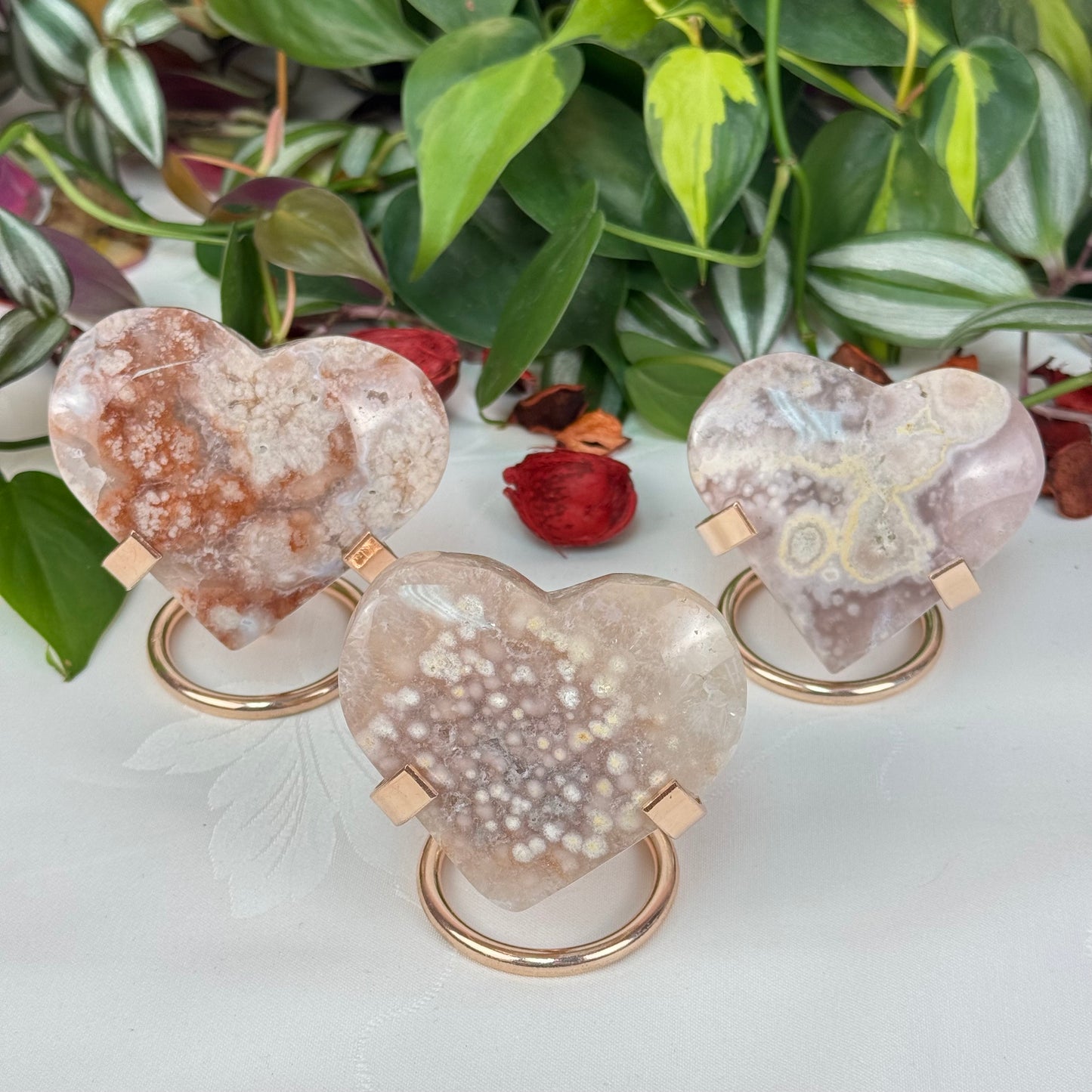 Pink Flower Agate Love Heart (W/ Stand)