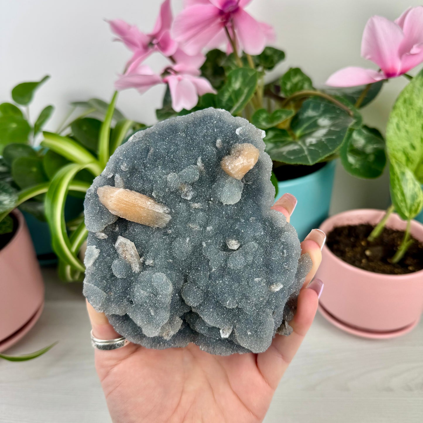 Orange Stilbite On Sparkling Blue Chalcedony