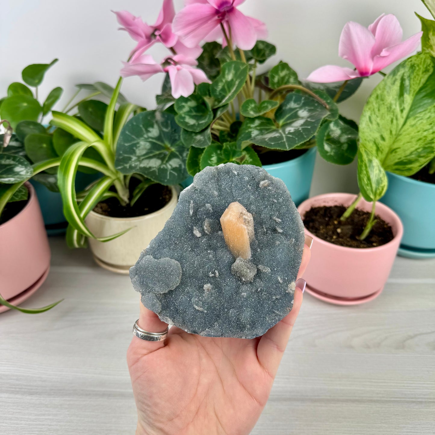 Orange Stilbite On Sparkling Blue Chalcedony