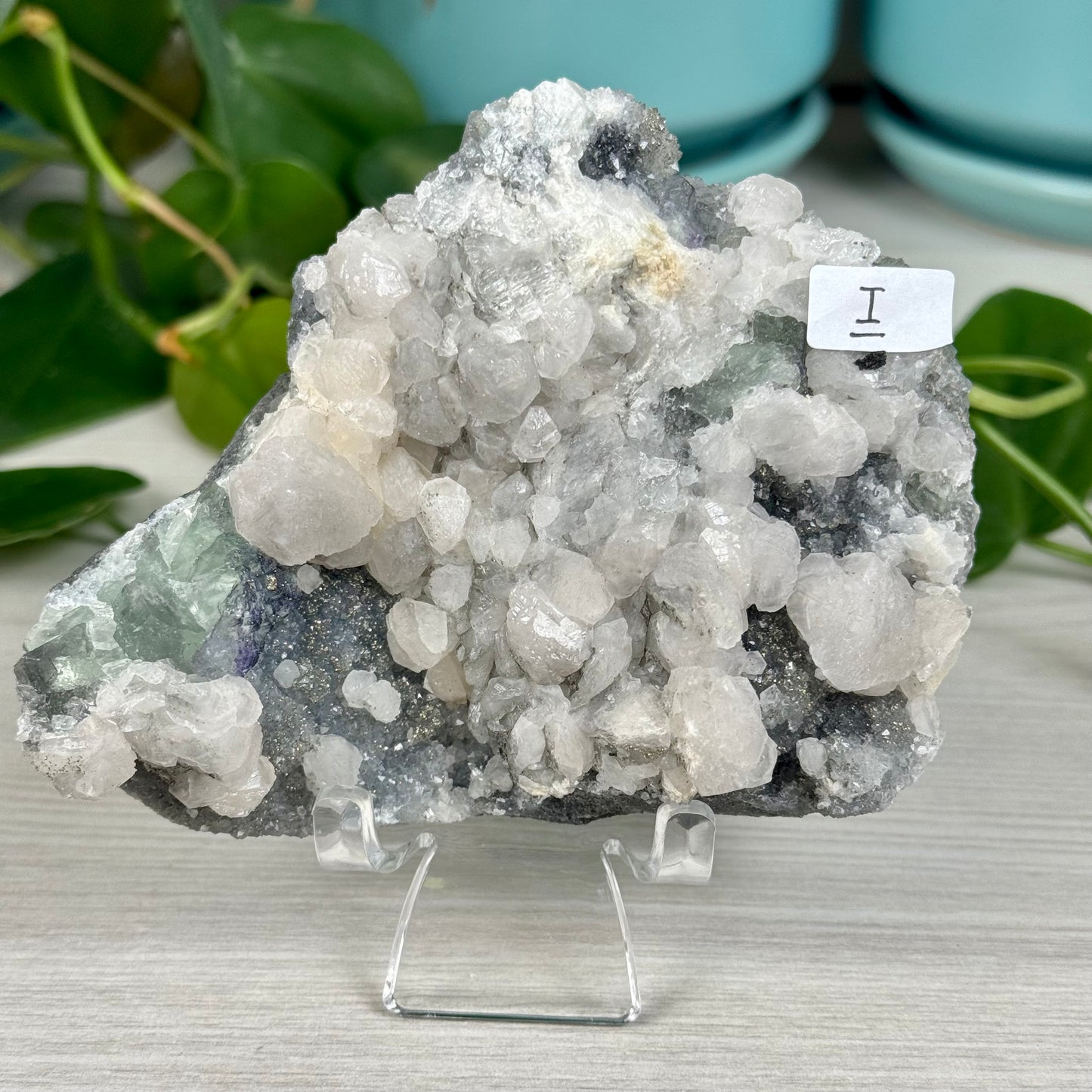 Pink Mangano Calcite and Pyrite on Green Fluorite